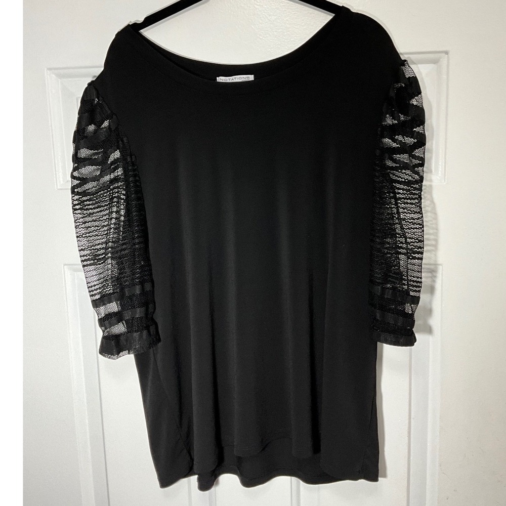 Notations Woman Black Mesh Puff Sleeve Scoop Neck Top 2X